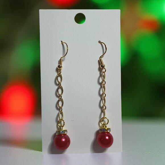 Red Christmas Ball Long Drop Earring on Gold Plated Chain Hand crafted - Picture 1 of 4